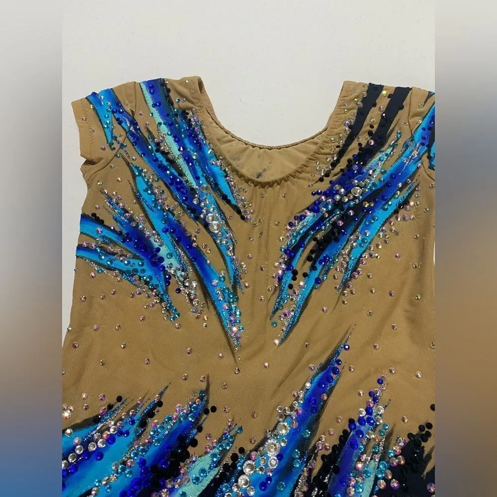 Custom solo dance ice skating rhythmic costume blue ombre rhinestoned dress MC